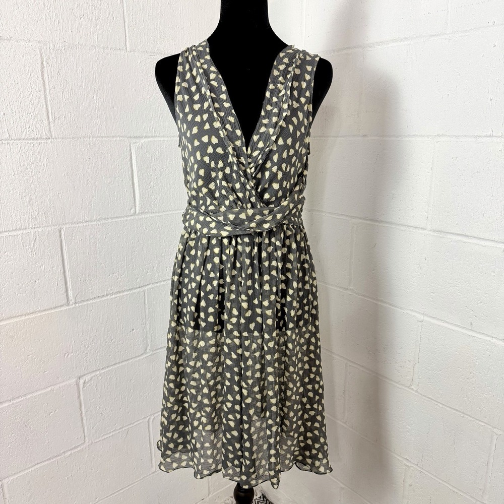 DKNY 100% Silk Dress Gray Polka Dot Deep-V Sheer Ruffle Flowy Ethereal Fairy‎ 6